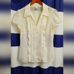 🤍 LOFT Cream Sheer Button-Up Blouse with Ruffle Trim – Feminine & Chic